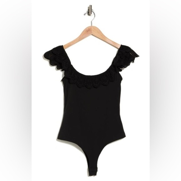Good Luck Gem Eyelet Trim Puff Sleeve Ribbed Bodysuit in Black Size S - Picture 3 of 11
